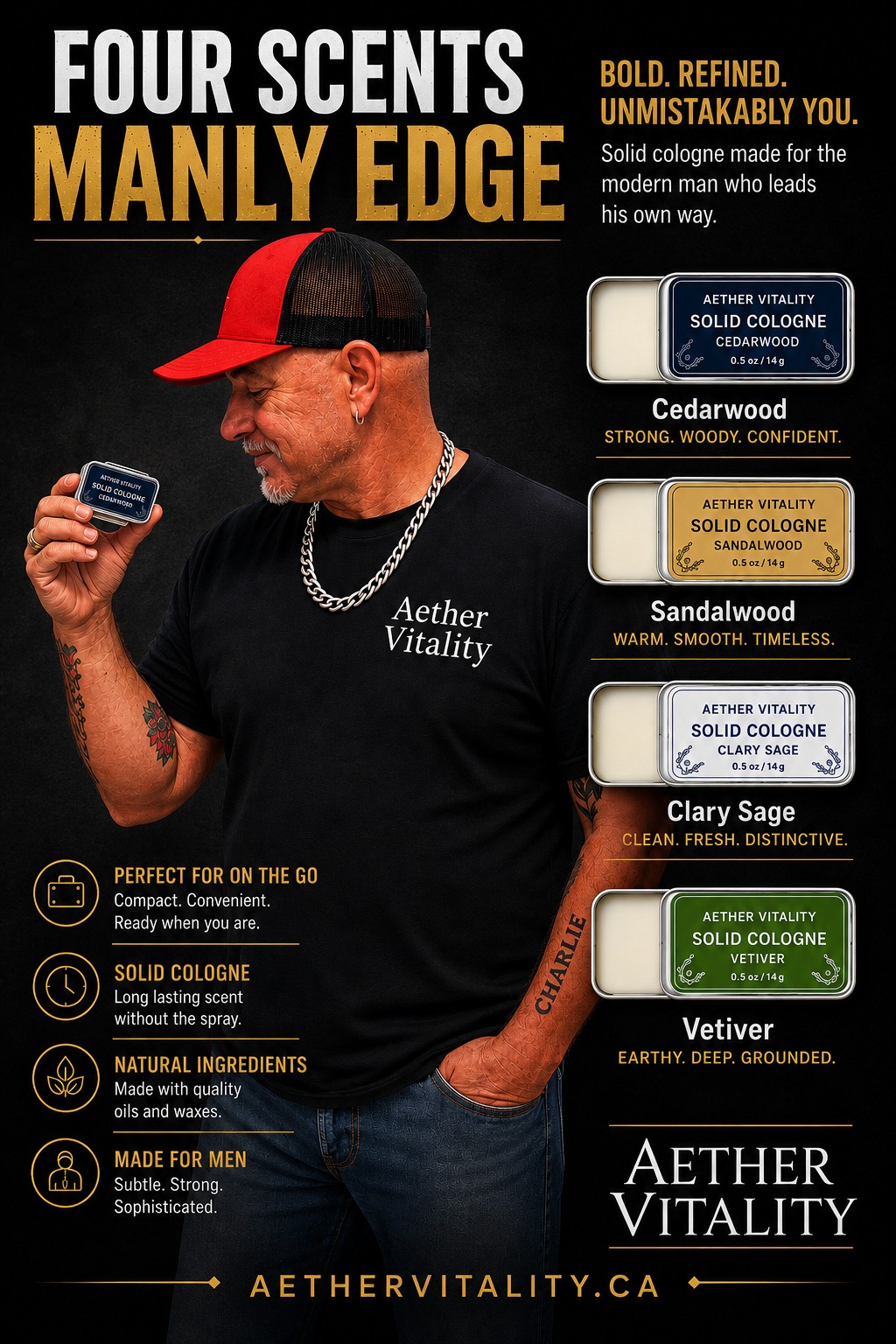 Aether Vitality solid cologne collection in four scents